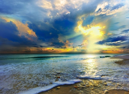 Picture of BLUE SEASCAPE GOLD SUNRAYS SUNSET