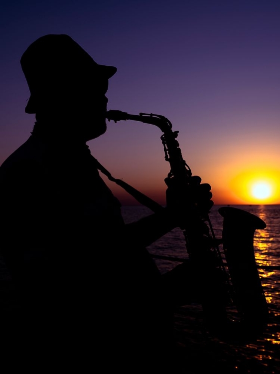 Picture of A MUSICIAN PLAYING THE SAXOPHONE AT SUNSET