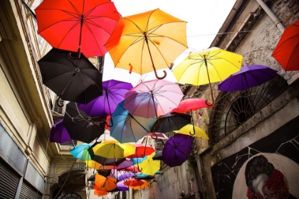 Picture of OLD BUILDING AND DECORATIVE UMBRELLAS