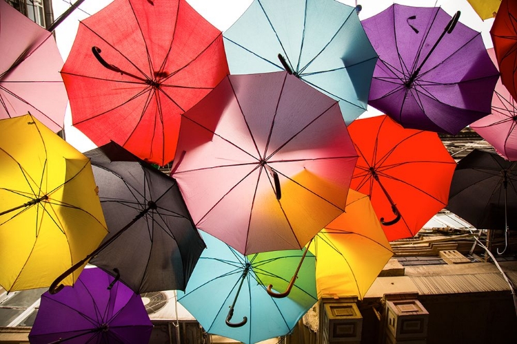 Picture of OLD BUILDING AND DECORATIVE UMBRELLAS