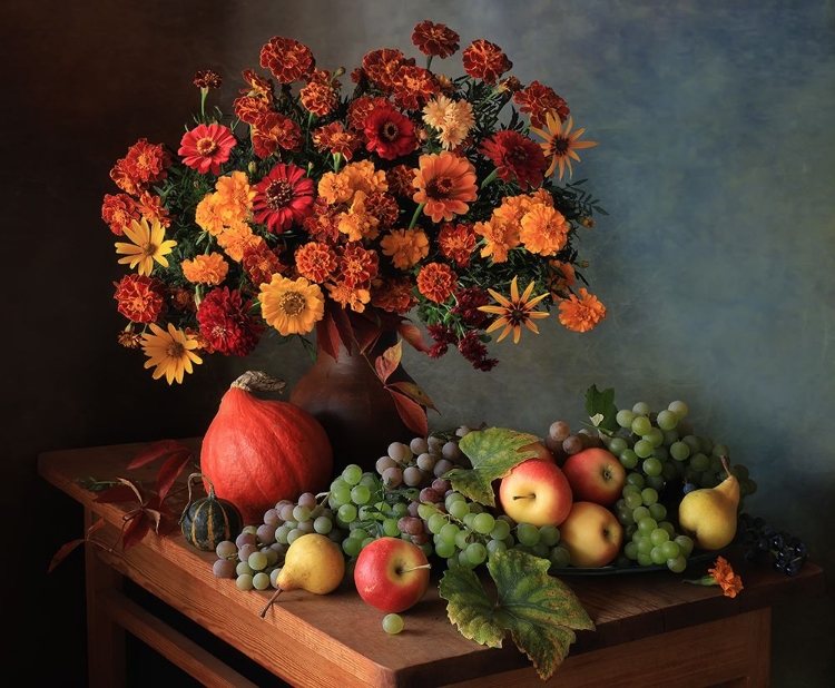 Picture of STILL LIFE WITH A BOUQUET OF AUTUMN FLOWERS AND GRAPES
