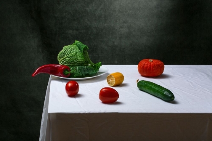Picture of STILL LIFE WITH SAVOY CABBAGE, TOMATOES, CUCUMBER, RED PEPPER, LEMON AND PUMPKIN