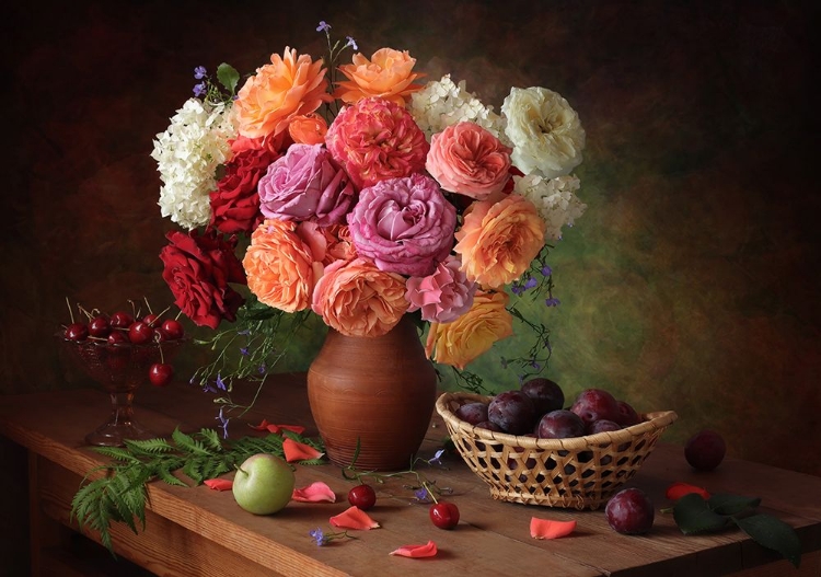 Picture of STILL LIFE WITH A BOUQUET OF ROSES AND PLUMS
