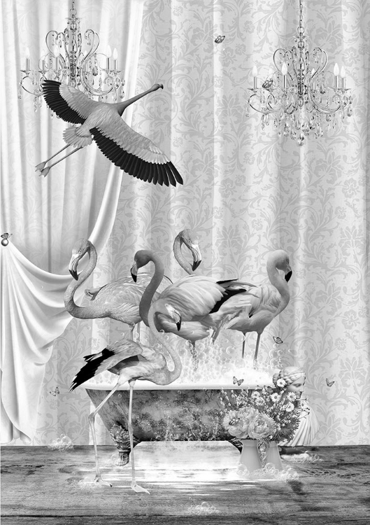 Picture of A FLURRY OF FLAMINGOS A BUBBLES BLACK A WHITE