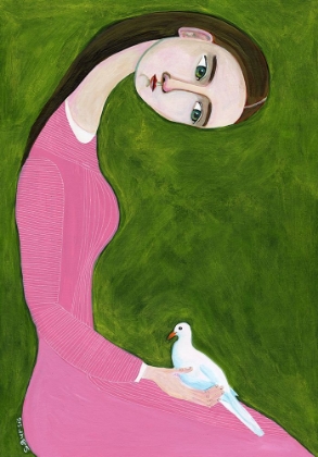 Picture of GIRL WITH DOVE SITTING WITH PINK DRESS