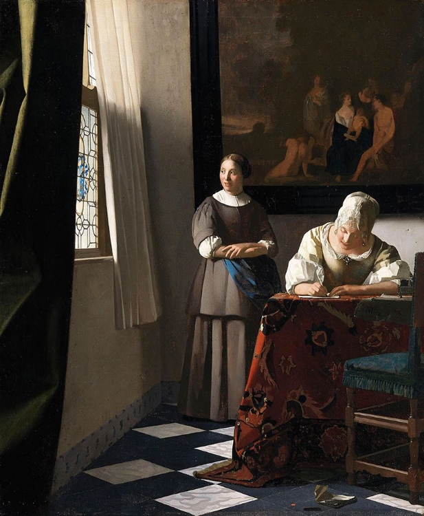 Picture of WOMAN WRITING A LETTER WITH HER MAID - JOHANNES VERMEER