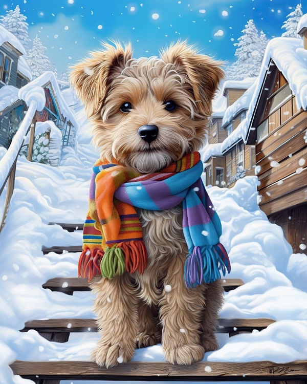 Picture of DOG WITH SCARF ON THE STAIRS