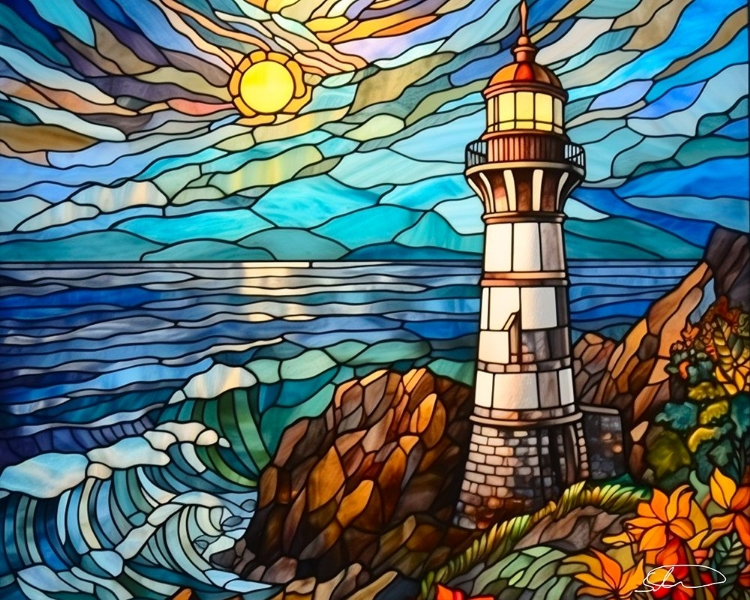 Picture of STAINED ROCKY CLIFF LIGHTHOUSE
