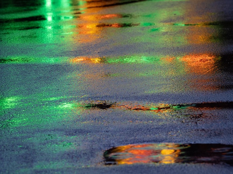 Picture of LIGHTS REFLECTED IN PUDDLES ON ASPHALT PATH