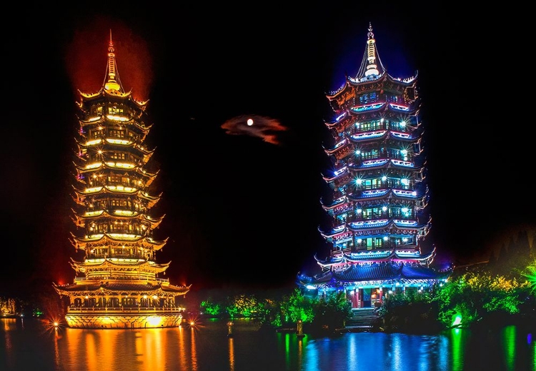 Picture of MOON SILVER AND SUN GOLD PAGODAS WITH REAL MOON GUILIN GUANGXI PROVINCE-CHINA.