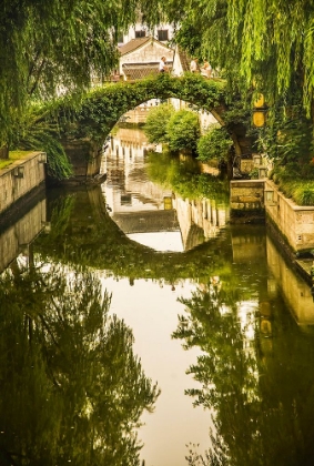 Picture of MOON BRIDGE-SHAOXING CITY-ZHEJIANG PROVINCE-CHINA. WATER REFLECTIONS SMALL CITY-CHINA