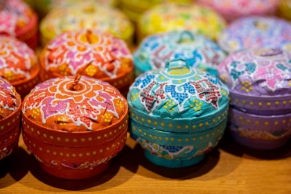 Picture of INDONESIA-BALI. TRADITIONAL HANDICRAFT VILLAGE OF TOHPATI. COLORFUL PAINTED STRAW BOXES.