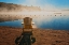 Picture of CANADA-ONTARIO-SILENT LAKE PROVINCIAL PARK. MUSKOKA CHAIR AND MORNING FOG ON SILENT LAKE.