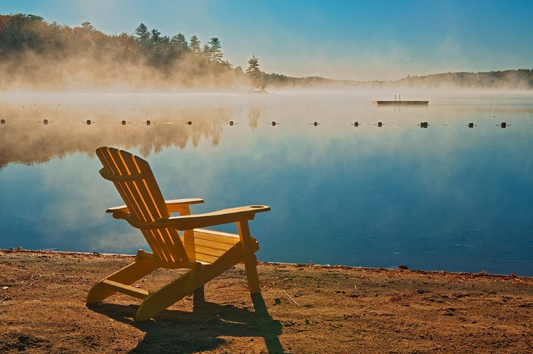 Picture of CANADA-ONTARIO-SILENT LAKE PROVINCIAL PARK. MUSKOKA CHAIR AND MORNING FOG ON SILENT LAKE.