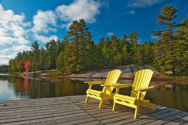 Picture of CANADA-ONTARIO-GRUNDY LAKE PROVINCIAL PARK. MUSKOKA CHAIRS ON LAKE DOCK.