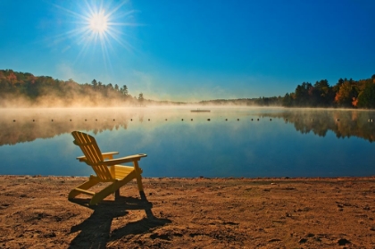 Picture of CANADA-ONTARIO-SILENT LAKE PROVINCIAL PARK. MUSKOKA CHAIR AND MORNING FOG ON SILENT LAKE.