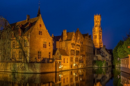 Picture of BELGIUM-BRUGES. BUILDINGS REFLECT IN CANAL AT TWILIGHT.