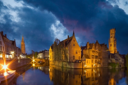Picture of BELGIUM-BRUGES. BUILDINGS REFLECT IN CANAL AT TWILIGHT.
