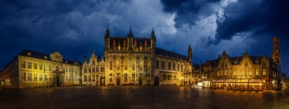 Picture of BELGIUM-BRUGGE. PANORAMIC OF MEDIEVAL ARCHITECTURE AND SQUARE AT NIGHT.