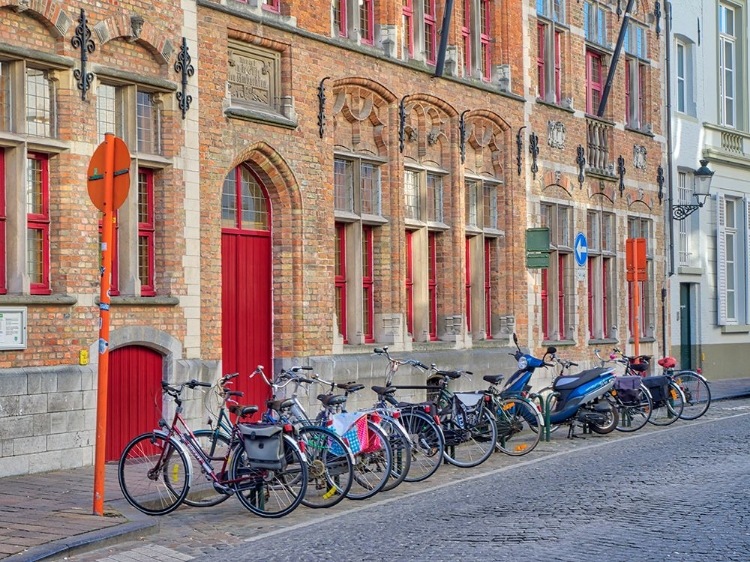 Picture of BELGIUM-BRUGGE. BICYCLES PARKED ALONG THE STREET.