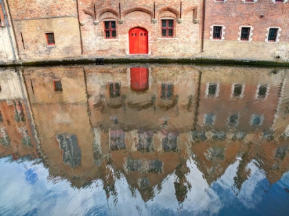 Picture of BELGIUM-BRUGES. REFLECTIONS OF MEDIEVAL BUILDINGS ALONG CANAL.