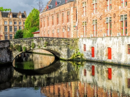 Picture of BELGIUM-BRUGGE. REFLECTIONS OF MEDIEVAL BUILDINGS ALONG CANAL.
