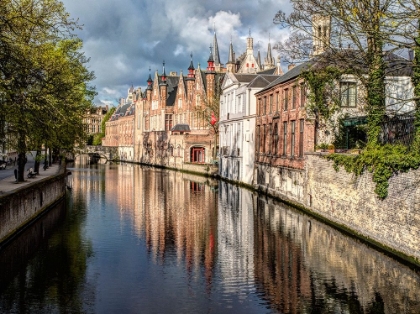 Picture of BELGIUM-BRUGES. REFLECTIONS OF MEDIEVAL BUILDINGS ALONG CANAL.