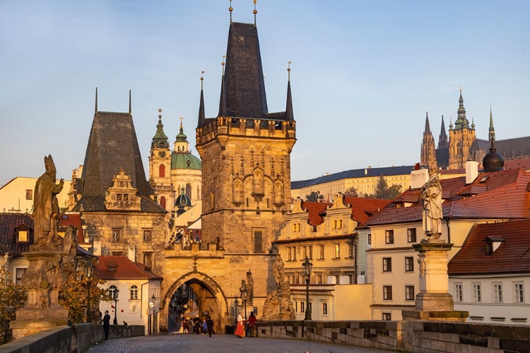 Picture of ARCH OF LESSER TOWN BRIDGE TOWER ON CHARLES BRIDGE WITH ST. NICHOLAS CHURCH IN PRAGUE.