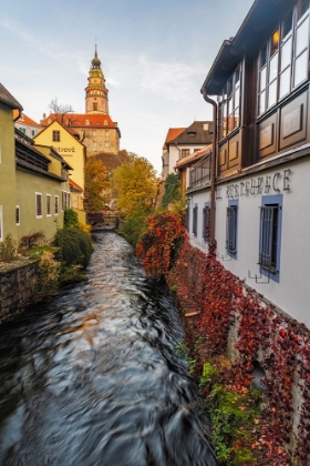 Picture of LOOKING DOWN CANAL TO CASTLE TOWER IN CESKY KRUMLOV-CZECH REPUBLIC