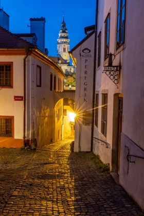 Picture of NARROW COBBLESTONE STREETS AT DUSK WITH CASTLE TOWER IN HISTORIC CESKY KRUMLOV-CZECH REPUBLIC.