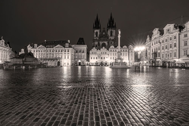 Picture of TYN CHURCH AT DAWN ON WET COBBLESTONES IN OLD TOWN SQUARE IN PRAGUE-CZECH REPUBLIC