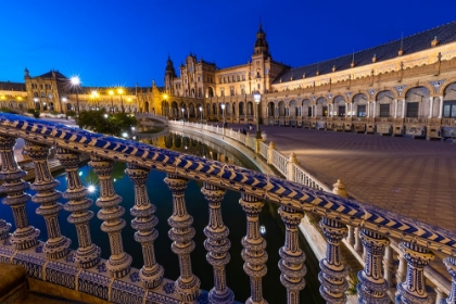 Picture of SPAIN-SEVILLE. PLAZA DE ESPANA LIT AT SUNSET.