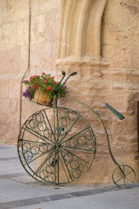 Picture of CORDOBA-SPAIN. BICYCLE PLANTER IN FRONT OF OLD STONE BUILDING