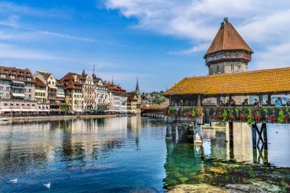 Picture of KAPELLBRUCKE OVER REUSS RIVER-LUCERNE-SWITZERLAND. BUILT IN 1365 ALMOST BURNED DOWN IN 1993.