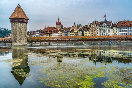 Picture of KAPELLBRUCKE OVER REUSS RIVER-LUCERNE-SWITZERLAND. BUILT IN 1365 ALMOST BURNED DOWN IN 1993.