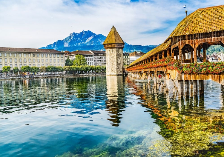 Picture of KAPELLBRUCKE OVER REUSS RIVER-LUCERNE-SWITZERLAND. BUILT IN 1365 ALMOST BURNED DOWN IN 1993.