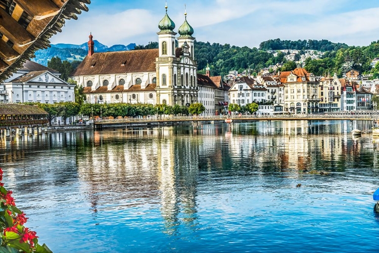 Picture of KAPELLBRUCKE JESUIT CHURCH REFLECTION-LUCERNE-SWITZERLAND. BUILT IN 1365