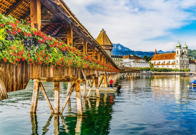 Picture of KAPELLBRUCKE JESUIT CHURCH REFLECTION-LUCERNE-SWITZERLAND. BUILT IN 1365