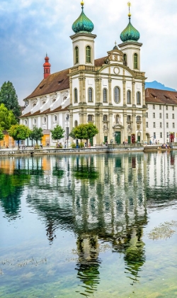 Picture of JESUIT CHURCH INNER HARBOR REFLECTION-LUCERNE-SWITZERLAND.