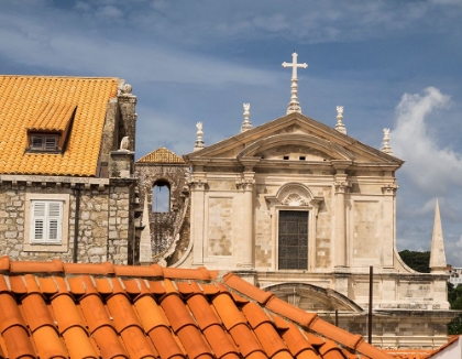Picture of CROATIA-DUBROVNIK. ELEVATED VIEW OF THE DUBROVNIK CATHEDRAL IN OLD TOWN DUBROVNIK.