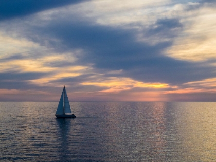 Picture of CROATIA-ROVINJ-ISTRIA. SAILING BOAT ON THE ADRIATIC SEA OUTSIDE THE HARBOR OF ROVINJ AT SUNSET.