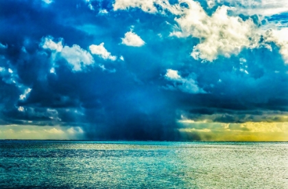 Picture of RAIN STORM CLOUD-MOOREA-TAHITI-FRENCH POLYNESIA. BLUE COLORS IN LAGOON AND CORAL REEFS