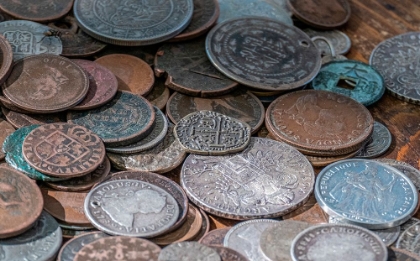 Picture of WORN OLD INTERNATIONAL COINS WERE ON DISPLAY IN COLOMA-CALIFORNIA-USA.