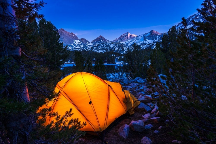 Picture of YELLOW DOME TENT GLOWING AT NIGHT IN LITTLE LAKES VALLEY-JOHN MUIR WILDERNESS-CALIFORNIA-USA