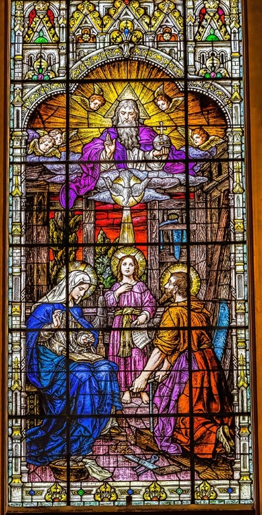 Picture of YOUNG JESUS-MARY-JOSEPH AND GOD THE FATHER STAINED GLASS GESU CHURCH-MIAMI-FLORIDA.