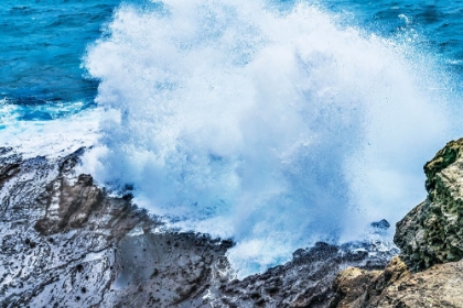 Picture of HALONA BLOWHOLE LOOKOUT-OAHU-HAWAII. WAVES ROLL IN ROCK FORMATION SHOOTS SEA SPRAY IN THE AIR