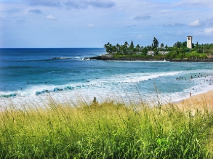 Picture of SURFERS WAIMEA BAY NORTH SHORE-OAHU-HAWAII. WAIMEA IS RELATIVELY FLAT UNTIL THE WINTER MONTHS