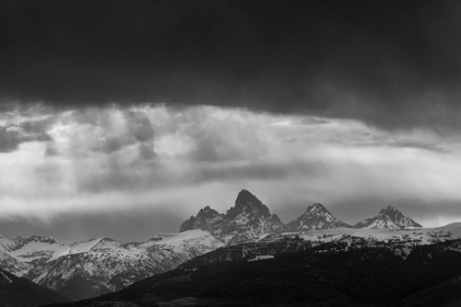 Picture of USA-IDAHO. BLACK AND WHITE LANDSCAPE OF VIRGA CLOUDS AND VIEW OF TETON MOUNTAINS FROM THE WEST.