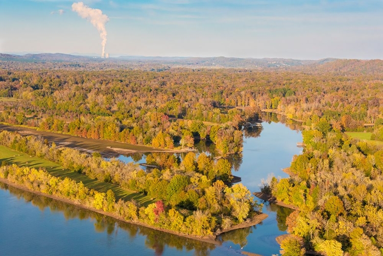 Picture of USA-TENNESSEE. FALL COLOR TENNESSEE RIVER-STEAM FROM WATTS BAR NUCLEAR PLANT RISES ON HORIZON