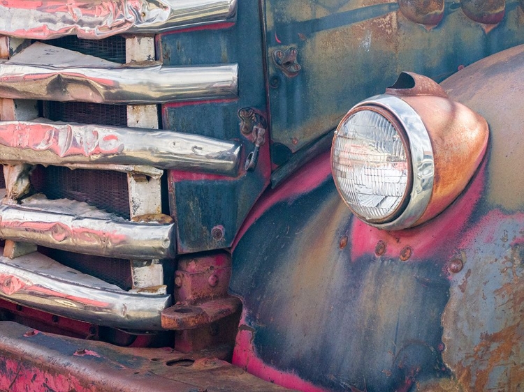 Picture of CLOSE-UP DETAIL OF AN OLD GENERAL MOTORS TRUCK IN A HISTORIC GHOST TOWN.